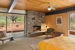 Stacked rock fireplace for winter warmth